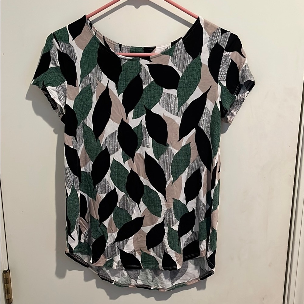 Alfani Leaf Pattern Short Sleeve Top - Green, Black, Cream